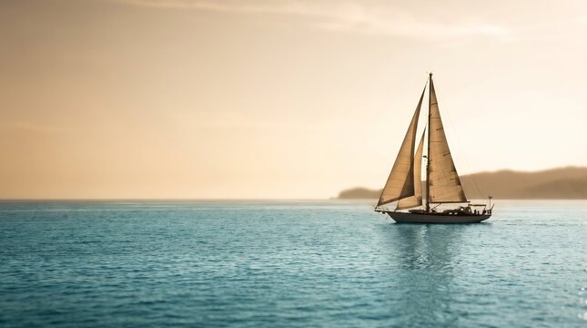 Yacht sailing across calm ocean waters beneath a descending sunset, peaceful maritime scenery