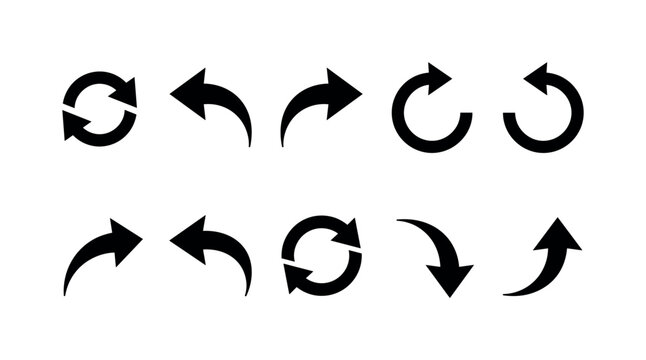 Circular Arrow Actions, solid glyph icon set featuring refresh arrows, undo arrow, redo arrow, rotate clockwise, rotate counterclockwise, share curve arrow, return arrow, sync arrows, download curve