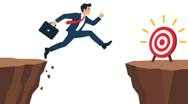 Determined businessman in suit leaping across cliff chasm gap toward glowing red target bullseye on opposite side, symbolizing risk, courage, ambition, goal achievement and business success