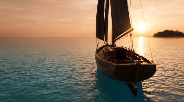 Yacht sailing across calm ocean waters beneath a descending sunset, peaceful maritime scenery