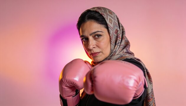 Jabbing woman wearing patterned hijab and black athletic top in studio, with pink gloves