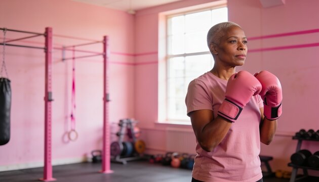 Practicing senior woman boxing in pastel pink gym room, wearing pink T-shirt and gloves, copy space