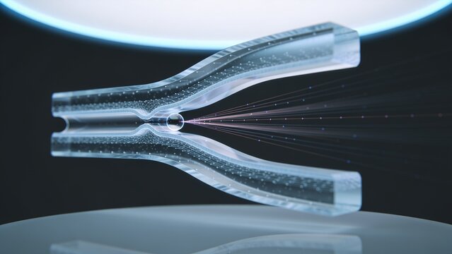 Showing clear forked nozzle pinching droplet over reflective disc at lab streaming light trail