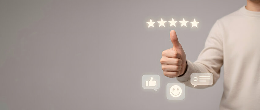 Man giving thumbs up for five star customer satisfaction rating and positive feedback evaluation concept of excellent service quality user experience and business reputation ranking success