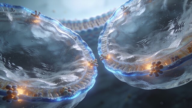 Showing pair of clear membranes forming synaptic junction at microscopic interface, with vesicles