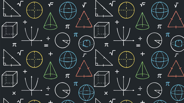 Seamless repeating pattern of hand drawn colorful geometric math formulas triangles circles cones cubes on dark chalkboard background for education science school wallpaper textile design