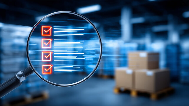 A magnifying glass focused on an inspection checklist beside warehouse boxes represents logistics auditing quality control and inventory verification.
