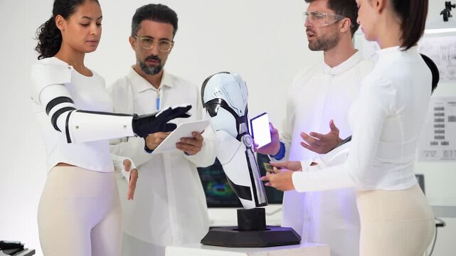 Scientists and engineers gather around a robot arm model as a woman with a robotic prosthetic arm holds a tablet and a colleague scans the model with a small light
