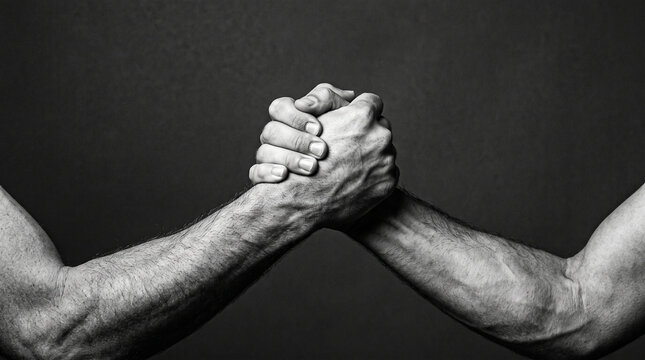 Strategic Business Deal and Unbreakable Partnership Stance Shown by Strong Wrist Clasp in Black and White