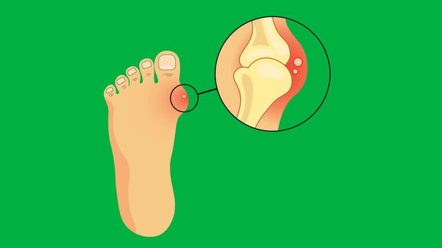 Medical vector animation displaying human foot anatomy with a magnified view of metatarsophalangeal joint deformity and inflammation, highlighting hallux valgus (bunion), hammer toe, gout