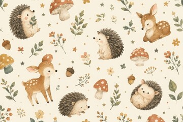 Obraz premium Woodland hedgehogs and fawns amid mushrooms, flowers, and leaves