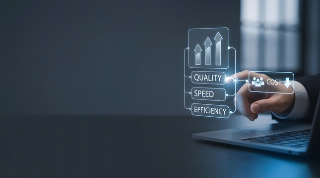 Businessman hand touching virtual interface showing business growth metrics like quality speed and efficiency with cost reduction on laptop computer, concepts of corporate optimization and success.