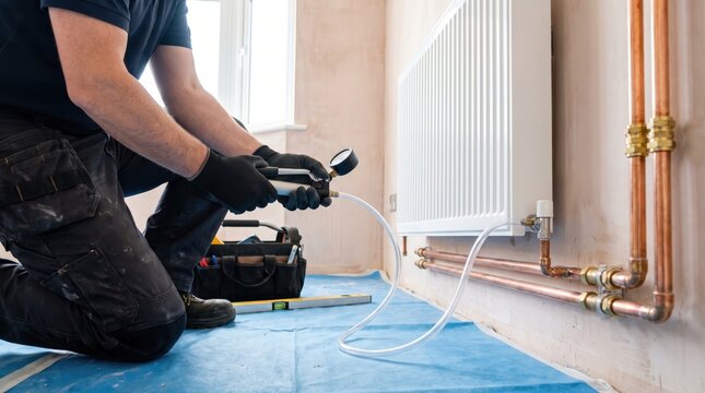 Plumber installing a new radiator with copper pipes and pressure gauge. Professional heating engineer performing maintenance or installation for home improvement and energy efficiency.