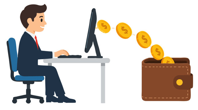 Businessman at plain computer with golden coins flowing from screen into wallet, online earning, income, fintech payment, e-commerce, money transfer, vector illustration on white background