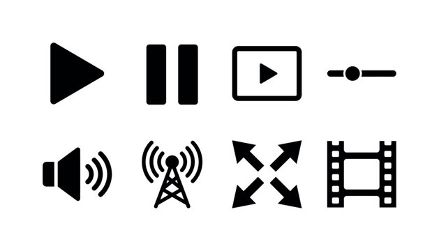 Streaming Video Player, solid glyph icon set featuring play button, pause control, media screen, timeline bar, volume speaker, live broadcast symbol, fullscreen control and film frame, covering video