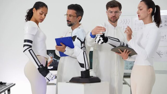 Cheerful team of four in white outfits poses around a robot arm model as a woman with a prosthetic arm smiles at the camera and a colleague holds a blue clipboard