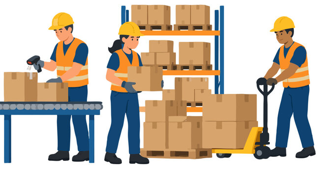 Warehouse workers sorting parcels with hand tools and safety helmets, bold flat color vector illustration of logistics employees scanning boxes and moving pallet jack in distribution center