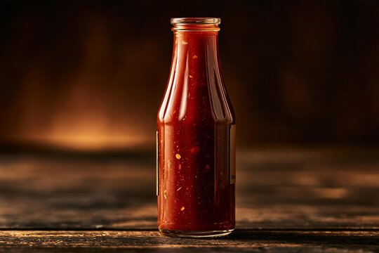 Glass bottle filled with dark red sauce rests on a wooden surface. Prepared condiment is ready for use in a kitchen or restaurant setting