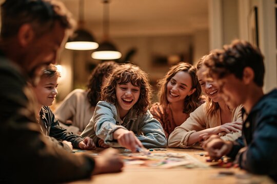 Family laughing while playing board game at table. Children and adults enjoying fun evening activity together. Parents and kids bonding during indoor game time