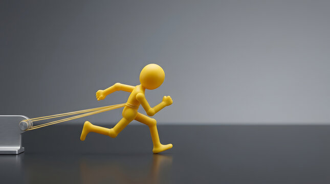 Abstract yellow 3D humanoid figure running forward with determination while being pulled back by elastic bands attached to a metal post, symbolizing resistance, struggle, and overcoming obstacles.
