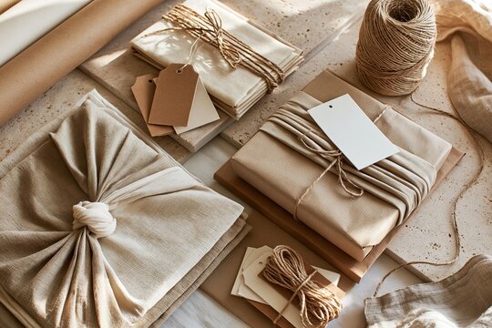 Gift wrapping supplies are neatly arranged on a textured surface. Bundles of natural twine and kraft paper present a rustic aesthetic. Thoughtful gifting and sustainable packaging are highlighted