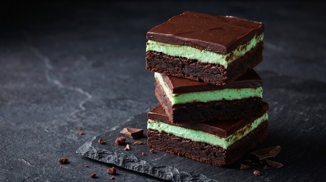 Stack of mint chocolate brownies on a dark slate board. Delicious homemade dessert for sweet cravings, bakery promotions, and indulgent snack photography.