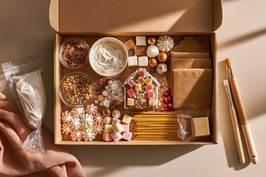 Gingerbread house kit contents laid out neatly in a box for assembly. Holiday craft supplies and decorations are organized for baking fun. Festive DIY project for family entertainment