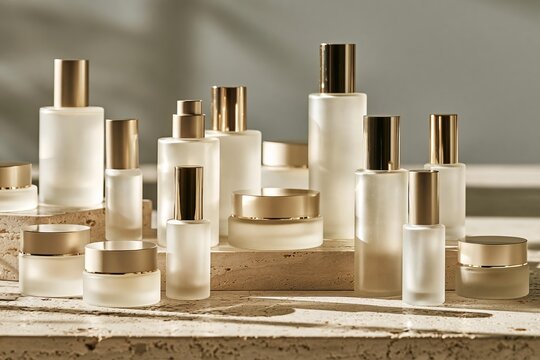 Frosted glass cosmetic bottles and jars with gold caps displayed