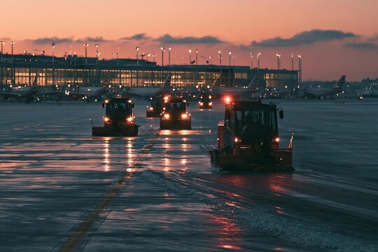 Airport snowplows clear runway for aircraft operations. Ground crew vehicles maintain safety on icy tarmac. Essential winter airport service ensures flight departures