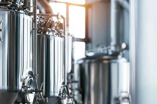Stainless steel fermentation tanks stand in a modern brewery. Production equipment is ready for beverage manufacturing