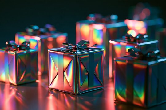 Gift boxes wrapped in holographic foil shimmer with iridescent colors. Festive packages tied with ribbon bows create a celebratory mood. Seasonal holiday presents are prepared for distribution
