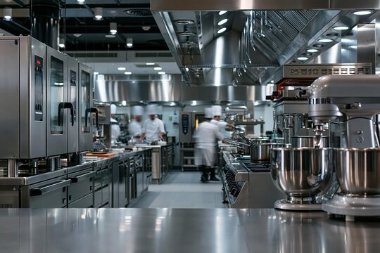Professional chefs work in a modern industrial kitchen environment. Stainless steel appliances and equipment fill the busy workspace. Commercial food preparation area for culinary services