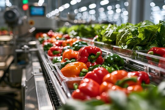 Bell peppers and lettuce travel on conveyor belt for packaging. Fresh produce moves through food processing facility for distribution. Vegetables are prepared for sale in market