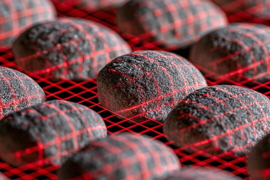 Frozen food items undergoing precision laser inspection with an intricate grid pattern