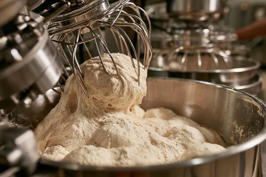 Heavy dough is mixed by a commercial stand mixer in a stainless steel bowl. Industrial kitchen equipment prepares large batches of dough for baking. Bakery production requires specialized machinery