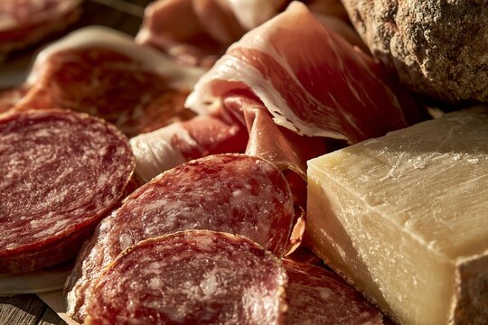 Cured meats and artisanal cheese are served on a wooden table. Slices of salami and prosciutto are arranged with a block of aged cheese