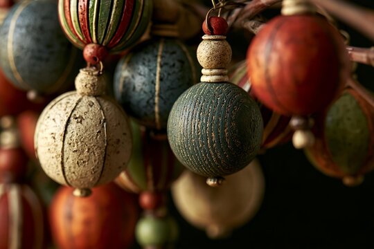 Decorative baubles hang on branches for festive display. Ornate ornaments adorn a natural twig for seasonal celebration. Traditional holiday decor provides decorative background