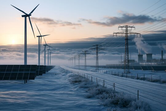 Wind turbines and solar panels operate in snowy landscape. Power pylons stretch along the road toward industrial facility. Renewable energy powers modern industry