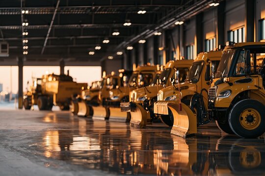 Row of yellow snow plows parked inside a depot. Service vehicles are lined up ready for winter operations. Municipal equipment prepares for snow removal tasks