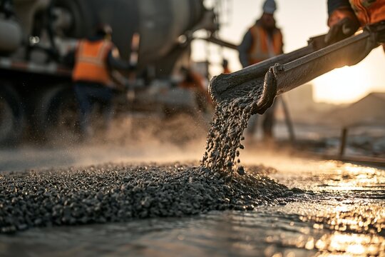 Construction worker pours concrete from chute into ground. Heavy equipment and workers are visible in background. Building foundation is being prepared for new development