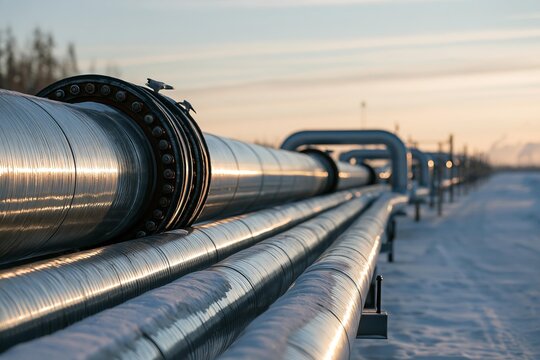 Industrial pipelines extend across a frozen landscape. Pipelines carry vital resources to remote locations. Energy infrastructure supports global supply chains