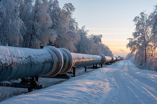 Industrial pipeline transports natural gas across snowy Arctic landscape. Insulated metal pipes run alongside frozen service road during winter