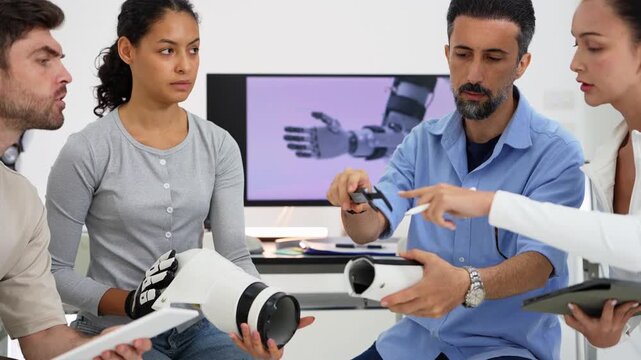 Seated engineers fit a white prosthetic arm shell onto a woman while a man in a blue shirt holds a socket component, monitor showing a robotic hand behind them