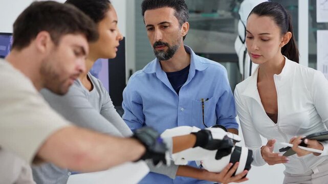 Close-up over a man's shoulder as his gloved hands hold a white and black robotic forearm, engineers in a blue shirt and a white top with a tablet look on