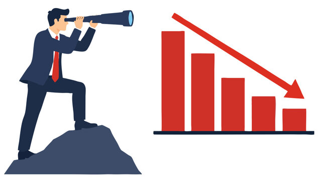 Businessman investor on hilltop peering through telescope at descending red bar chart with downward arrow symbolizing market loss, recession, financial crisis and economic downturn forecast concept