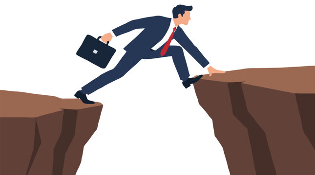 Flat vector illustration of a businessman in a navy suit leaping across a chasm between two rocky cliffs, briefcase in hand, gripping the far ledge on a clean white background