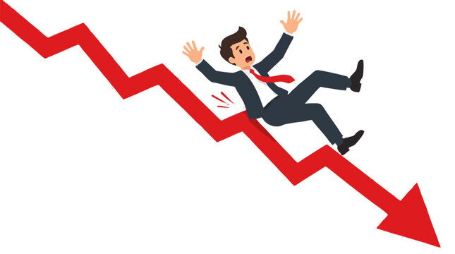 Cartoon businessman investor slipping and falling down steep red downward stock market arrow graph symbolizing financial crash, bankruptcy loss and economic crisis on isolated white background