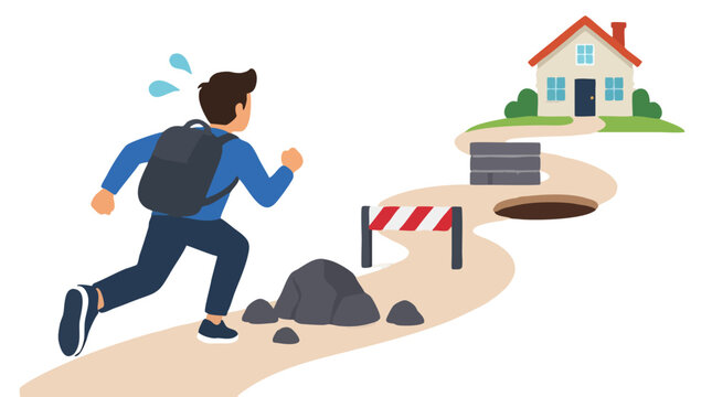 Determined young man with backpack running along winding path with obstacles toward distant house, symbolizing first-time homebuyer struggle, challenge and property real estate goal concept