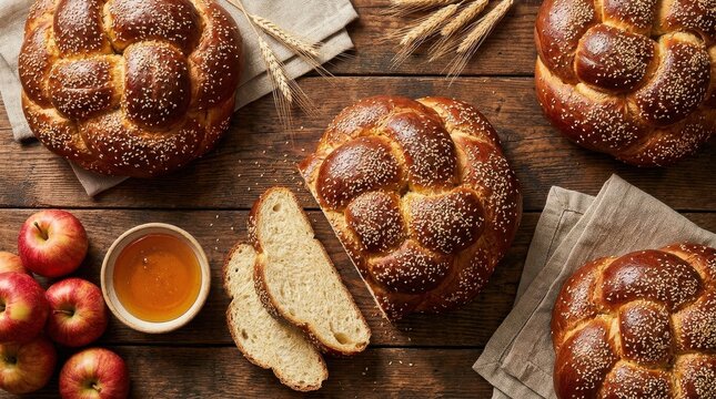 Braided challah bread with sesame seeds, apples, and honey on wood. Traditional Jewish holiday food for Rosh Hashanah, Shabbat, and festive family gatherings.