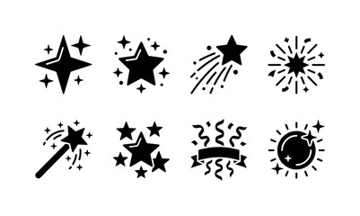 Fototapeta premium Sparkling Star Effects, solid glyph icon set featuring sparkle star, glitter star, shooting star, party burst, magic wand, star cluster, celebration ribbon, light orb, covering glitter stars,
